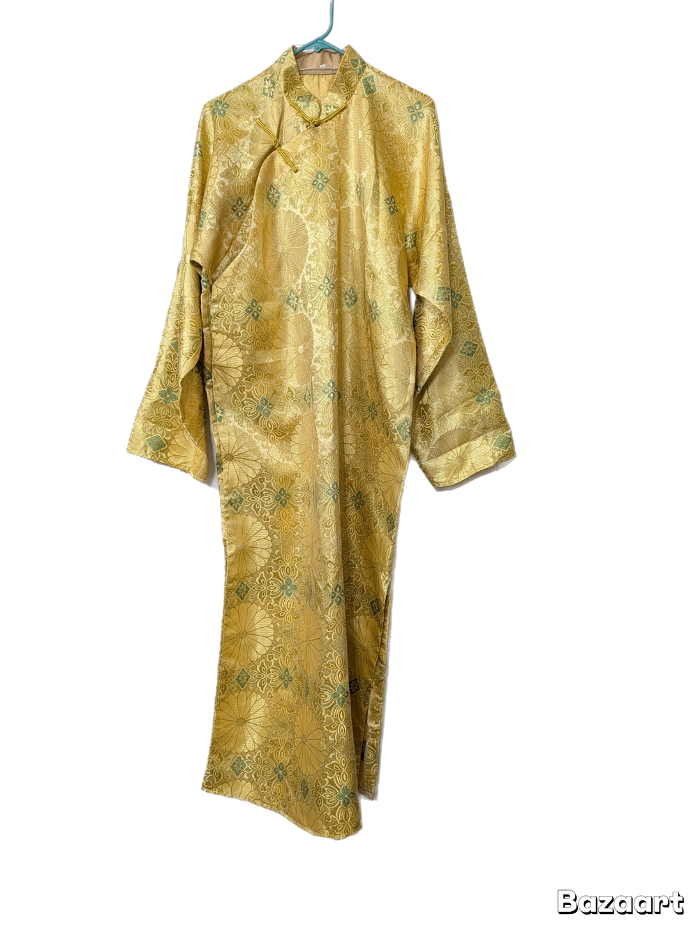 Gold Brocade Long Sleeve Cheongsam Dress with Green Accents - Brand Unspecified